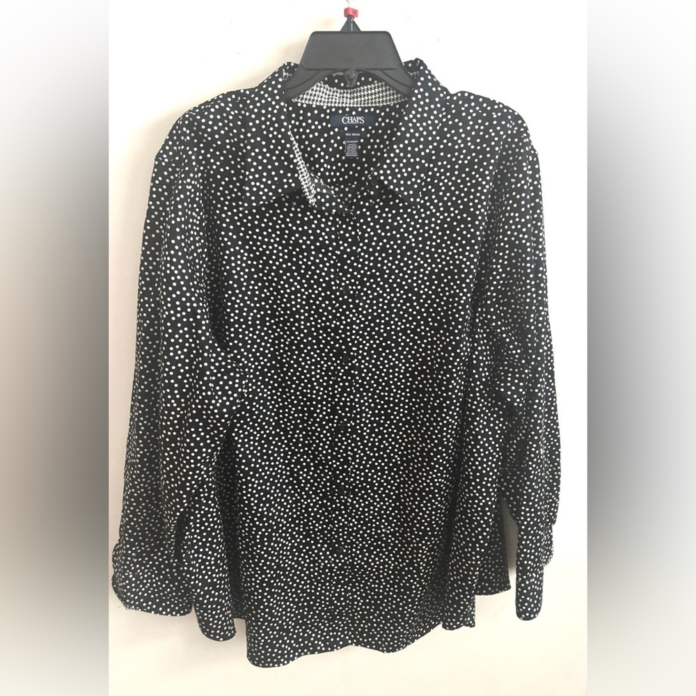 Chaps Womens Button Up shirt No Iron 3X Polka Dots Black Career Office Workwear